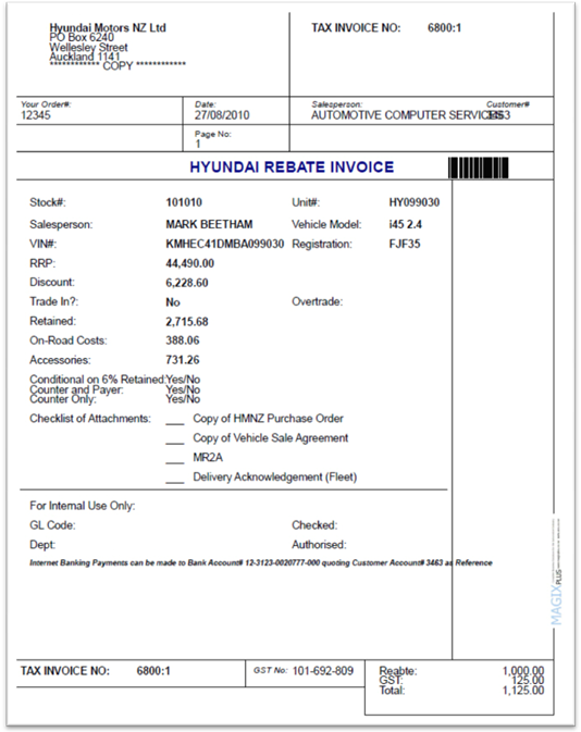 Hyundai Rebate Invoices